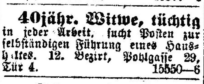 Figure 3: Ad of a widow in Neue Freie Presse (23/02/1918, p. 17)